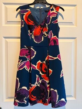 Trina Turk Navy Fit-and-Flare Dress with Red, Purple & Pink Floral